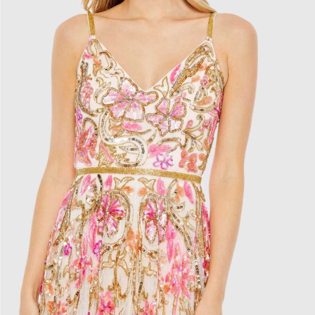 Nwt V Neck Floral Embellished Spaghetti Strap Gown Oyster Multi